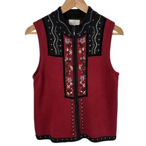 Christopher & Banks Red Embroidered Vest Women's S Full-Zip Nordic Cottagecore‎
